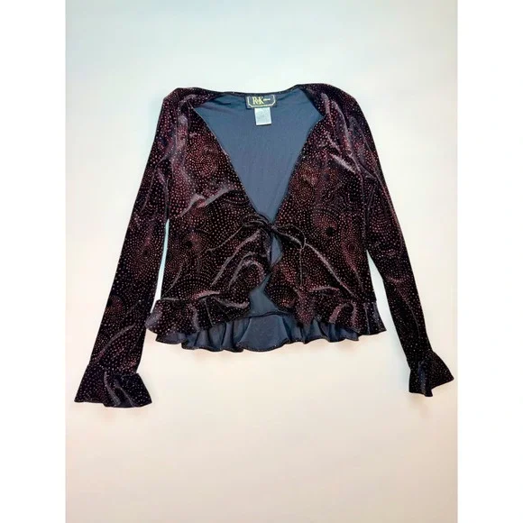 Vintage R&K Evening Velvet Glitter Tie Front Ruffle Emo Cardigan Top Red Gothic - Picture 1 of 5